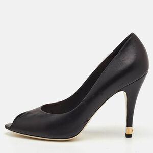 Chanel Size 41 Black Leather Cc Heel Peep Toe Pumps